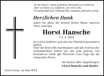 Traueranzeige von Horst Hansche von Rüsselsheimer Echo, Groß-Gerauer-Echo, Ried Echo