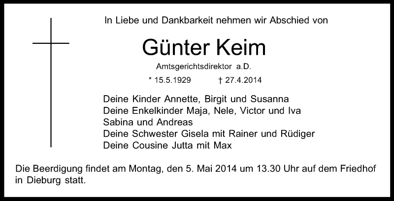  Traueranzeige für Günter Keim vom 30.04.2014 aus Echo-Zeitungen (Gesamtausgabe)