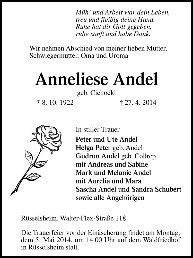 Traueranzeige für Anneliese Andel vom 30.04.2014 aus Rüsselsheimer Echo, Groß-Gerauer-Echo, Ried Echo