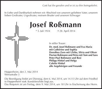 Traueranzeige von Josef Roßmann von Starkenburger Echo, Bergsträßer Anzeiger