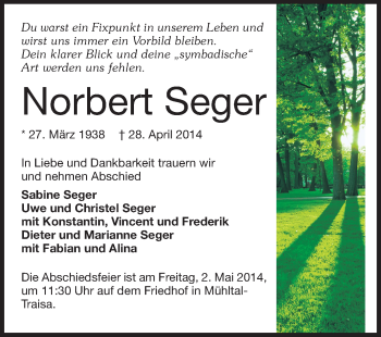 Traueranzeige von Norbert Seger von Echo-Zeitungen (Gesamtausgabe)