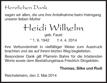 Traueranzeige von Heidi Wilkelm von Odenwälder Echo