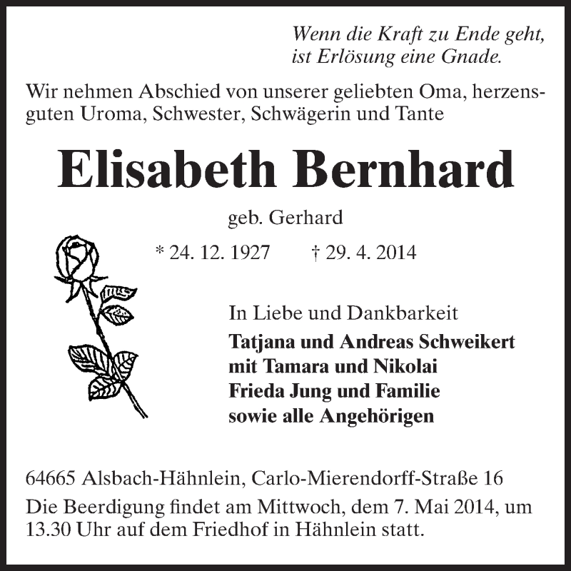  Traueranzeige für Elisabeth Bernhard vom 03.05.2014 aus Echo-Zeitungen (Gesamtausgabe)