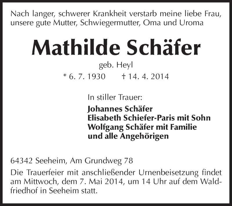  Traueranzeige für Mathilde Schäfer vom 03.05.2014 aus Echo-Zeitungen (Gesamtausgabe)