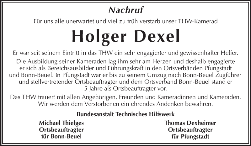  Traueranzeige für Holger Dexel vom 03.05.2014 aus Echo-Zeitungen (Gesamtausgabe)