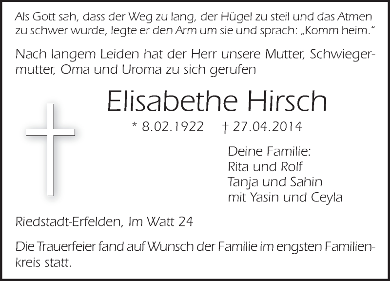  Traueranzeige für Elisabethe Hirsch vom 03.05.2014 aus Rüsselsheimer Echo, Groß-Gerauer-Echo, Ried Echo