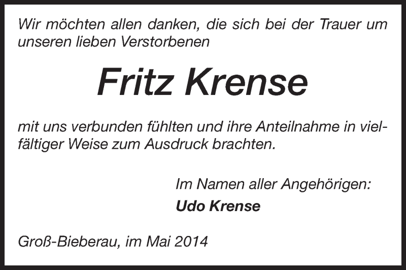  Traueranzeige für Fritz Krense vom 03.05.2014 aus Echo-Zeitungen (Gesamtausgabe)