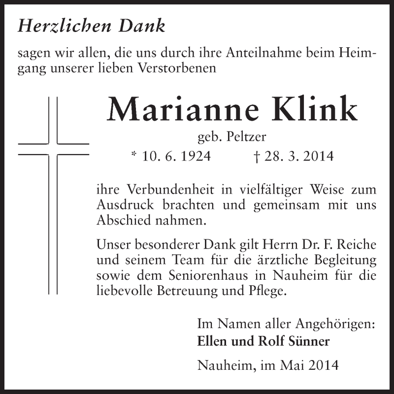  Traueranzeige für Marianne Klink vom 03.05.2014 aus Rüsselsheimer Echo, Groß-Gerauer-Echo, Ried Echo