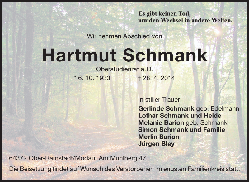  Traueranzeige für Hartmut Schmank vom 03.05.2014 aus Echo-Zeitungen (Gesamtausgabe)