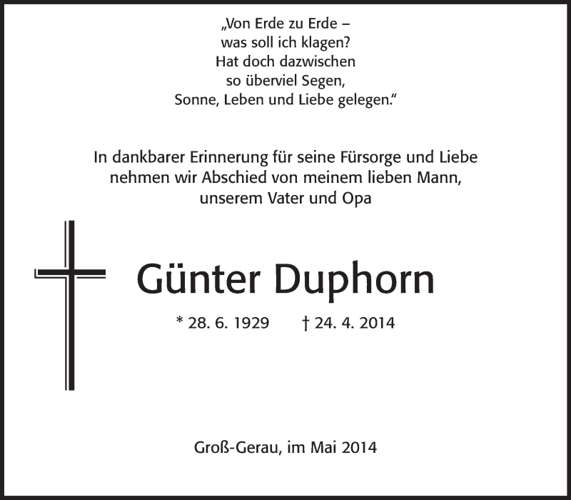  Traueranzeige für Günter Duphorn vom 03.05.2014 aus Rüsselsheimer Echo, Groß-Gerauer-Echo, Ried Echo