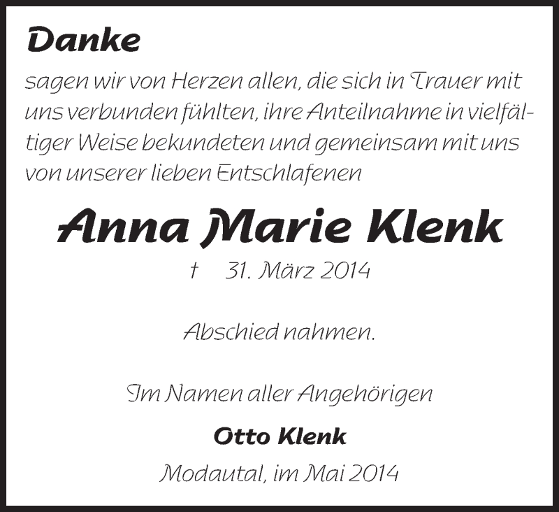  Traueranzeige für Anna Marie Klenk vom 03.05.2014 aus Echo-Zeitungen (Gesamtausgabe)