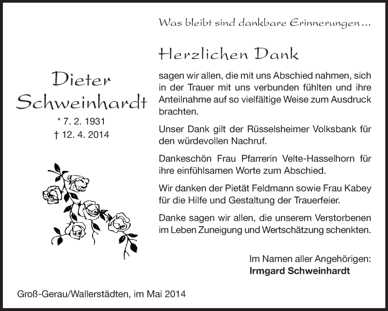  Traueranzeige für Dieter Scheinhardt vom 03.05.2014 aus Rüsselsheimer Echo, Groß-Gerauer-Echo, Ried Echo