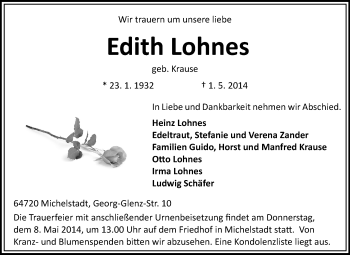 Traueranzeige von Edith Lohnes von Odenwälder Echo