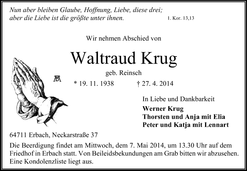  Traueranzeige für Waltraud Krug vom 03.05.2014 aus Odenwälder Echo