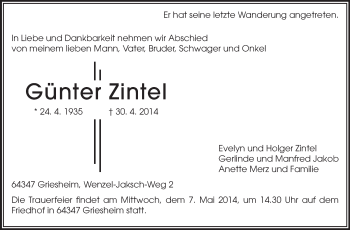 Traueranzeige von Günter Zintel von Darmstädter Echo, Odenwälder Echo, Rüsselsheimer Echo, Groß-Gerauer-Echo, Ried Echo