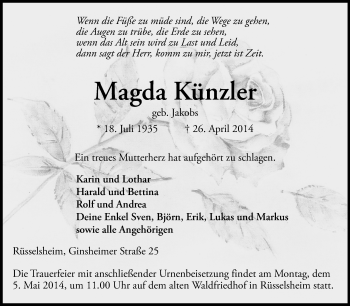 Traueranzeige von Magda Künzler von Rüsselsheimer Echo, Groß-Gerauer-Echo, Ried Echo