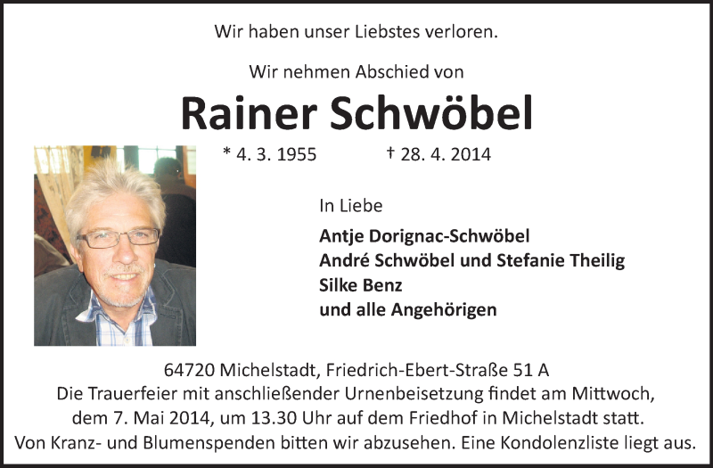  Traueranzeige für Rainer Schwöbel vom 05.05.2014 aus Odenwälder Echo