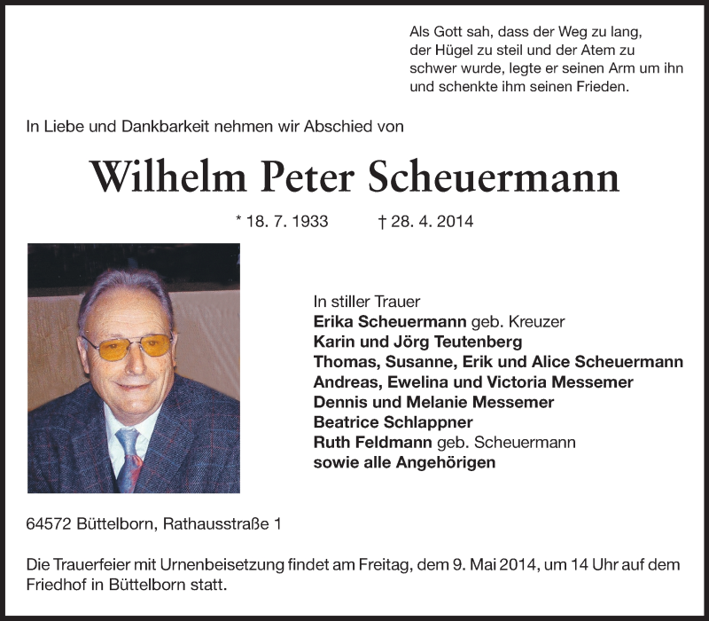  Traueranzeige für Wilhelm Peter Scheuermann vom 05.05.2014 aus Rüsselsheimer Echo, Groß-Gerauer-Echo, Ried Echo