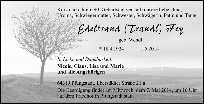  Traueranzeige für Edeltraud Fey vom 05.05.2014 aus Echo-Zeitungen (Gesamtausgabe)