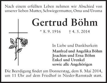Traueranzeige von Gertrud Böhm von Echo-Zeitungen (Gesamtausgabe)