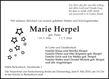Traueranzeige von Marie Herpel von Echo-Zeitungen (Gesamtausgabe)