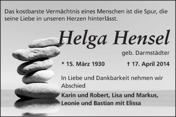 Traueranzeige von Helga Hensel von Echo-Zeitungen (Gesamtausgabe)