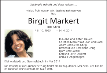 Traueranzeige von Birgit Markert von Odenwälder Echo