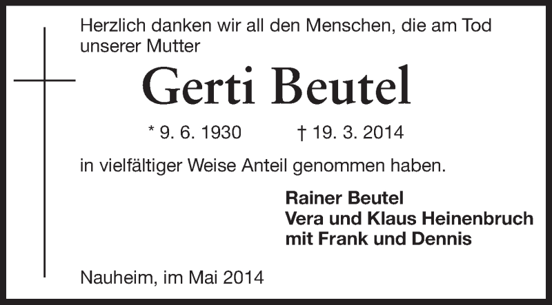  Traueranzeige für Gerti Beutel vom 10.05.2014 aus Rüsselsheimer Echo, Groß-Gerauer-Echo, Ried Echo