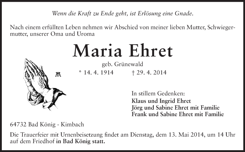  Traueranzeige für Maria Ehret vom 10.05.2014 aus Odenwälder Echo