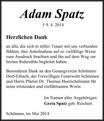 Traueranzeige von Adam Spatz von Odenwälder Echo