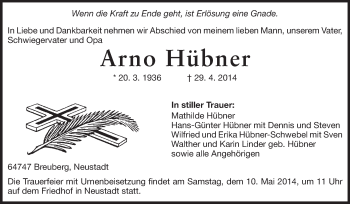 Traueranzeige von Arno Hübner von Odenwälder Echo