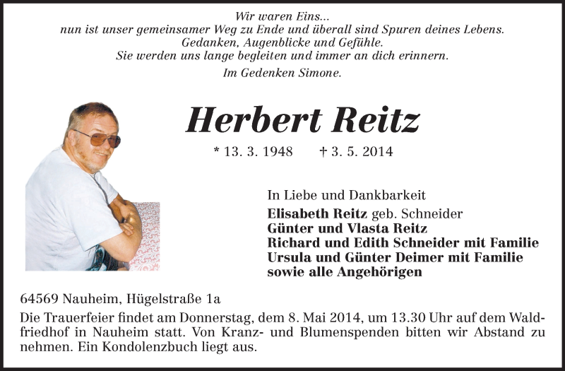  Traueranzeige für Herbert Reitz vom 06.05.2014 aus Rüsselsheimer Echo, Groß-Gerauer-Echo, Ried Echo