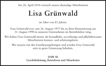 Traueranzeige von Lisa Grünwald von Echo-Zeitungen (Gesamtausgabe)