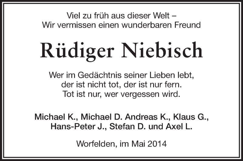  Traueranzeige für Rüdiger Niebisch vom 06.05.2014 aus Rüsselsheimer Echo, Groß-Gerauer-Echo, Ried Echo