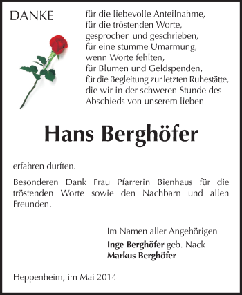 Traueranzeige von Hans Berghöfer von Starkenburger Echo