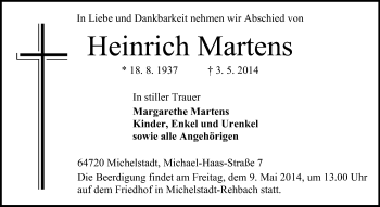 Traueranzeige von Heinrich Martens von Odenwälder Echo