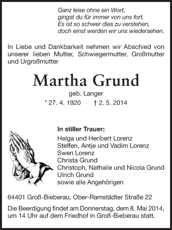 Traueranzeige von Martha Grund von Echo-Zeitungen (Gesamtausgabe)