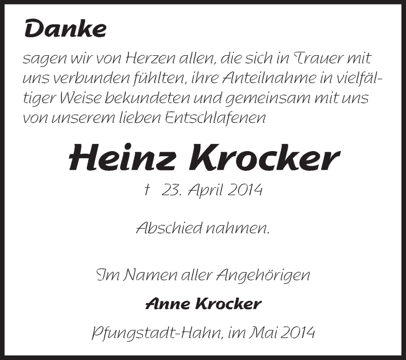  Traueranzeige für Heinz Krocker vom 10.05.2014 aus Echo-Zeitungen (Gesamtausgabe)