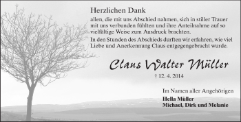 Traueranzeige von Claus Walter Müller von Echo-Zeitungen (Gesamtausgabe)
