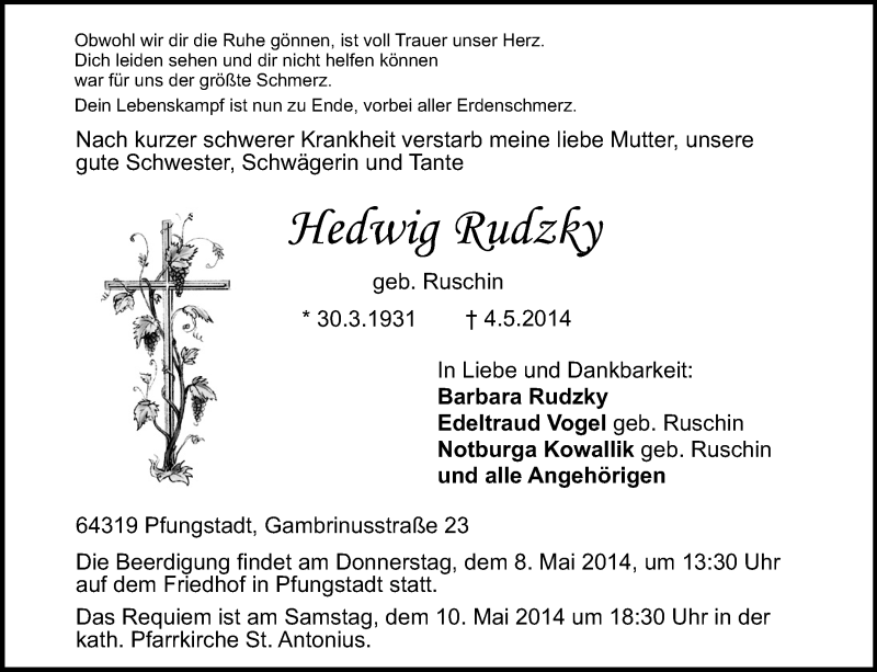  Traueranzeige für Hedwig Rudzky vom 07.05.2014 aus Echo-Zeitungen (Gesamtausgabe)