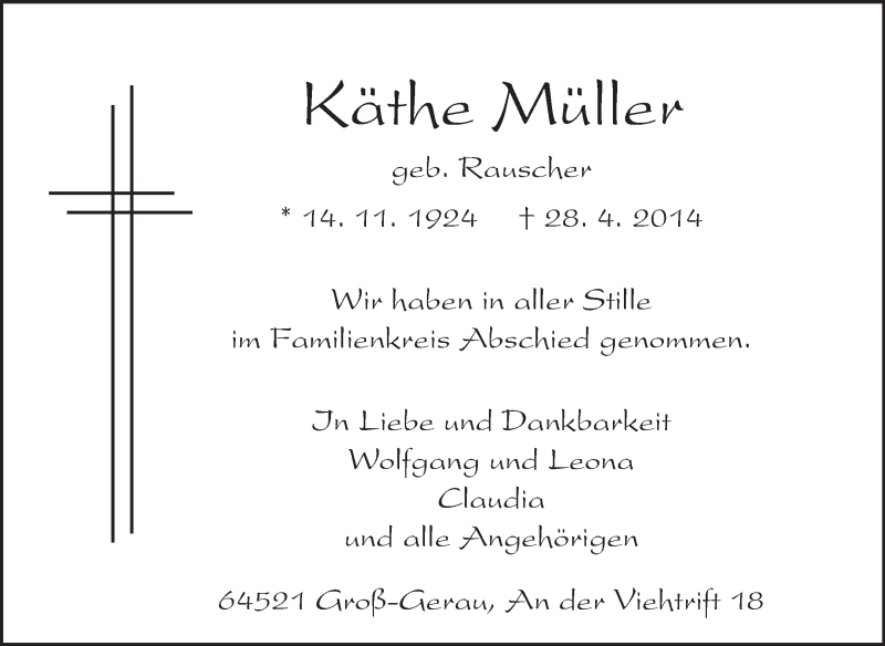  Traueranzeige für Käthe Müller vom 14.05.2014 aus Rüsselsheimer Echo, Groß-Gerauer-Echo, Ried Echo