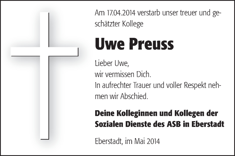  Traueranzeige für Uwe Preuss vom 08.05.2014 aus Echo-Zeitungen (Gesamtausgabe)