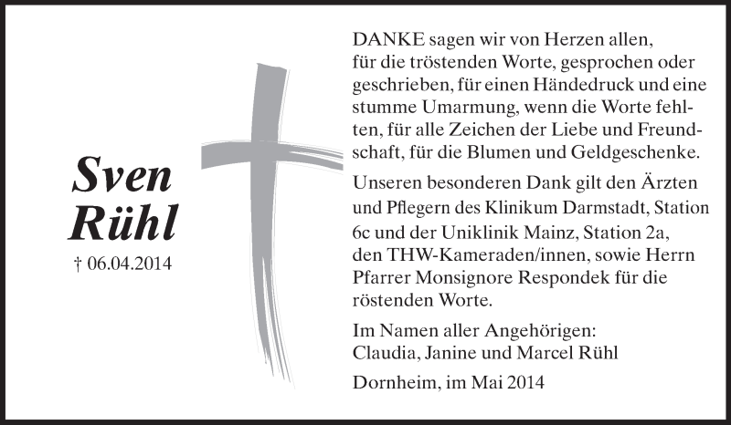  Traueranzeige für Sven Rühl vom 10.05.2014 aus Rüsselsheimer Echo, Groß-Gerauer-Echo, Ried Echo