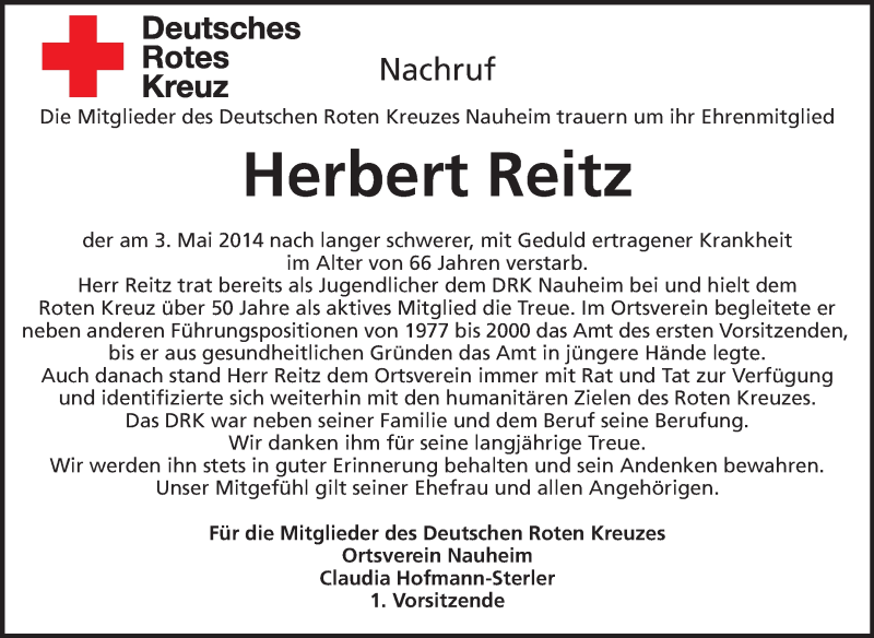  Traueranzeige für Herbert Reitz vom 10.05.2014 aus Rüsselsheimer Echo, Groß-Gerauer-Echo, Ried Echo
