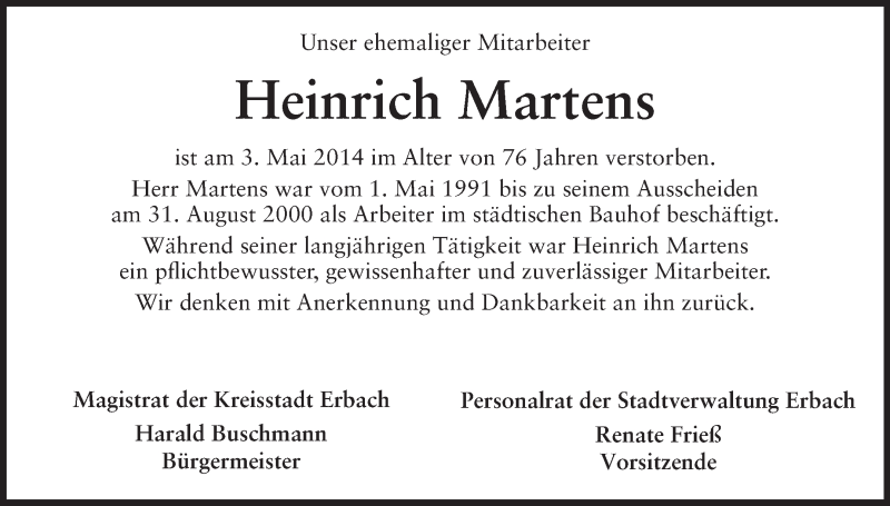  Traueranzeige für Heinrich Martens vom 08.05.2014 aus Odenwälder Echo