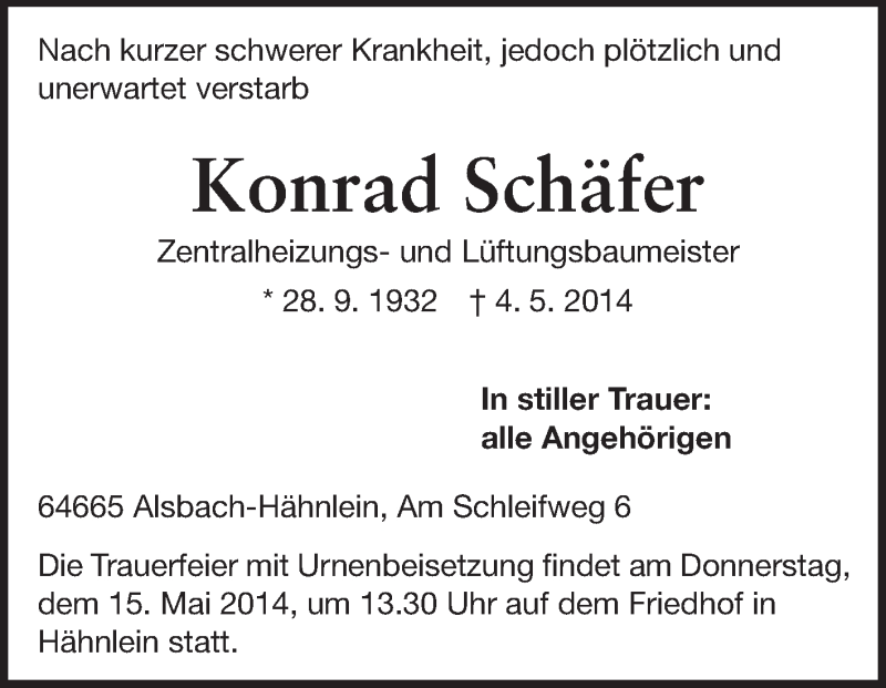  Traueranzeige für Konrad Schäfer vom 10.05.2014 aus Echo-Zeitungen (Gesamtausgabe)