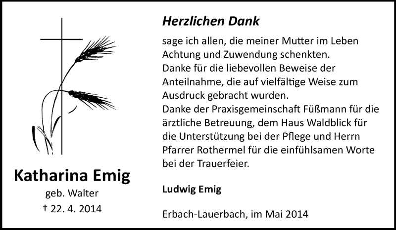  Traueranzeige für Katharina Emig vom 13.05.2014 aus Odenwälder Echo