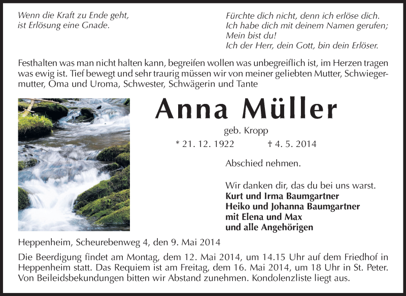  Traueranzeige für Anna Müller vom 09.05.2014 aus Starkenburger Echo
