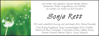 Traueranzeige von Sonja Rett von Echo-Zeitungen (Gesamtausgabe)