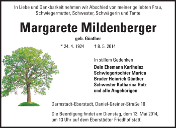 Traueranzeige von Margarete Mildenberger von Echo-Zeitungen (Gesamtausgabe)